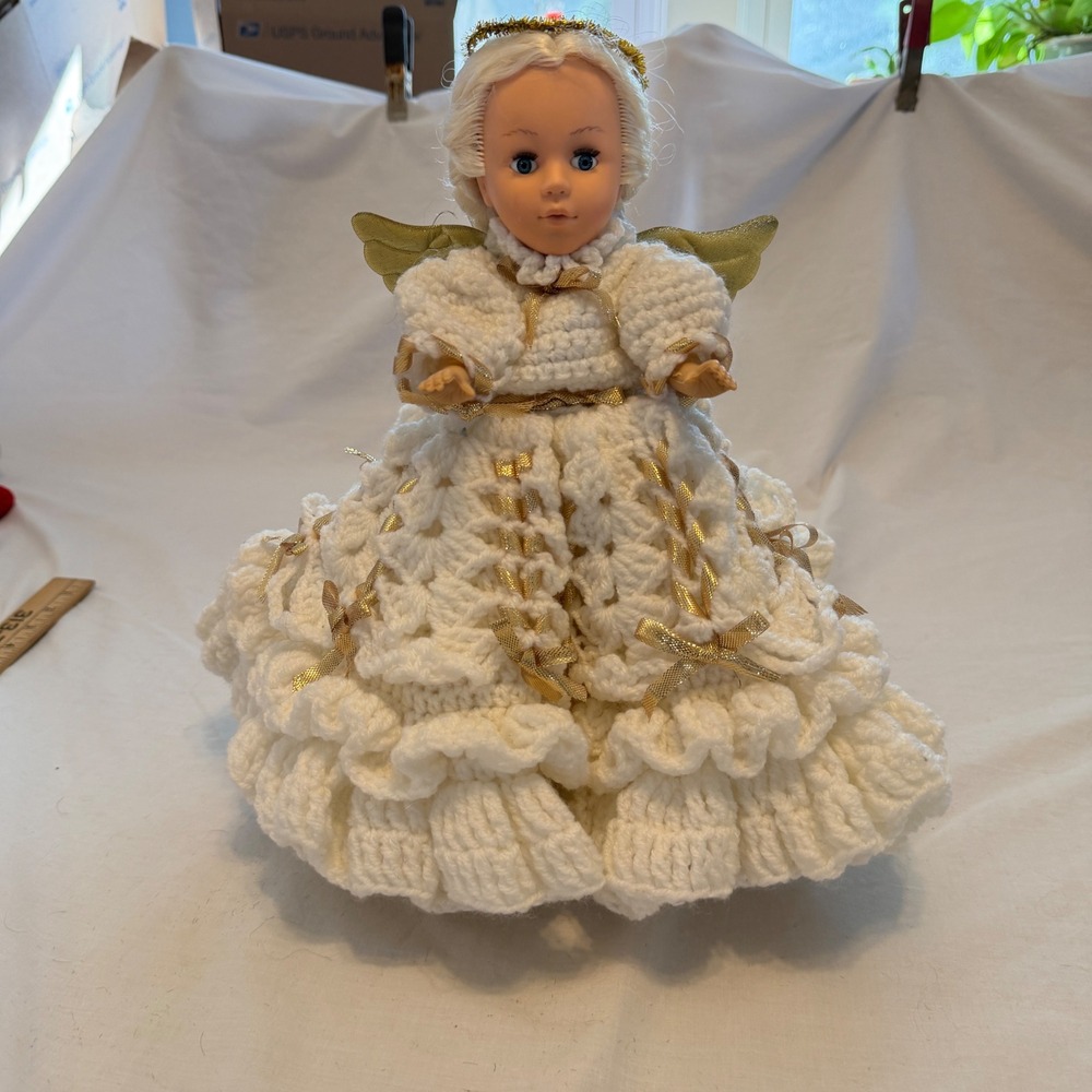 Vintage Style Angel Doll White Crochet Gold Ribbon Dress Christmas Decor 14in